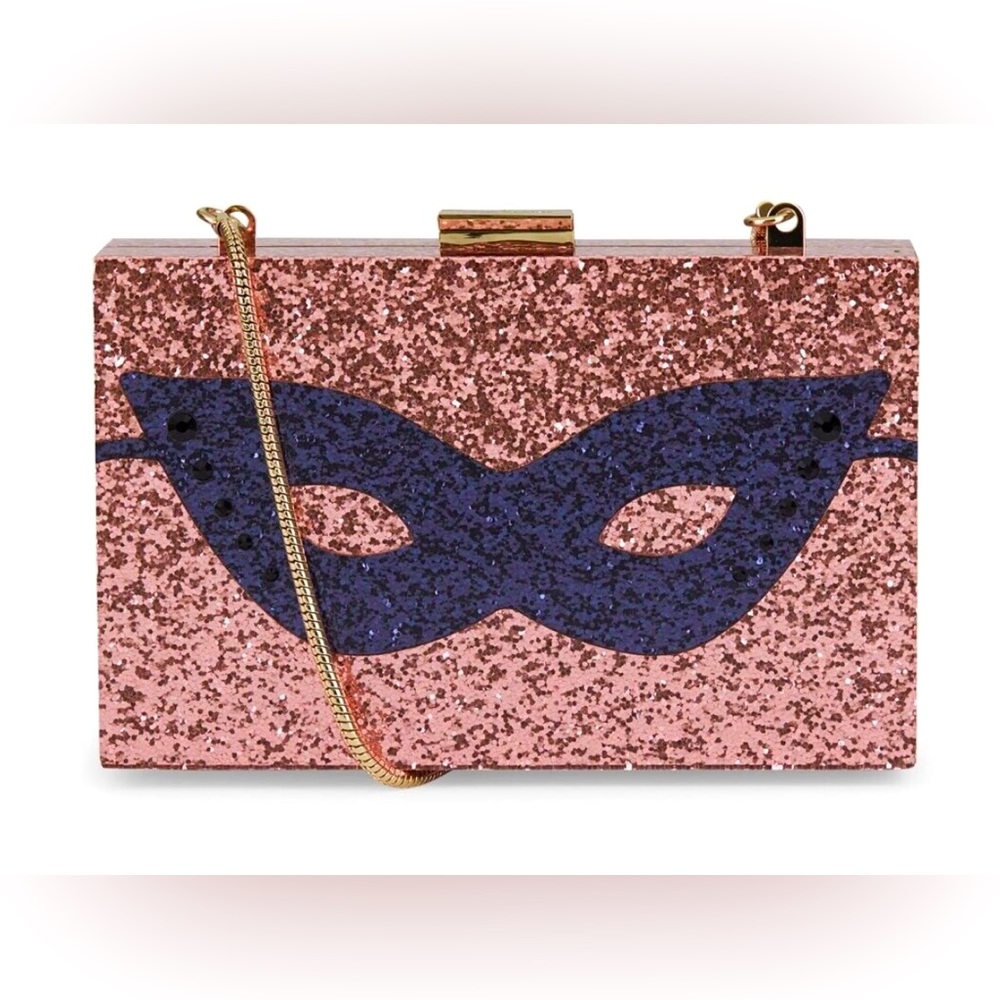 kate spade masquerade mask pink glitter clutch with optional shoulder strap RARE